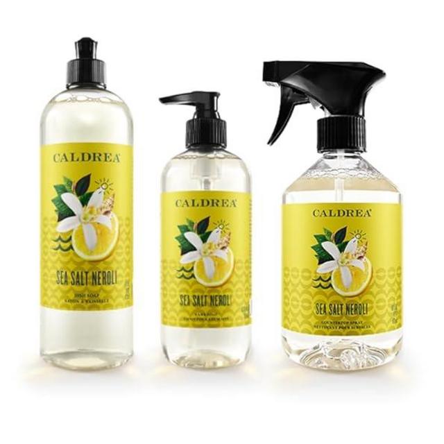 Caldrea, Sea Salt Neroli, Scrub + Shine Set, Contains (1) Multi-Surface Countertop Spray Cleaner, (1) Liquid Dish Soap, (1) Liquid Hand Wash Soap