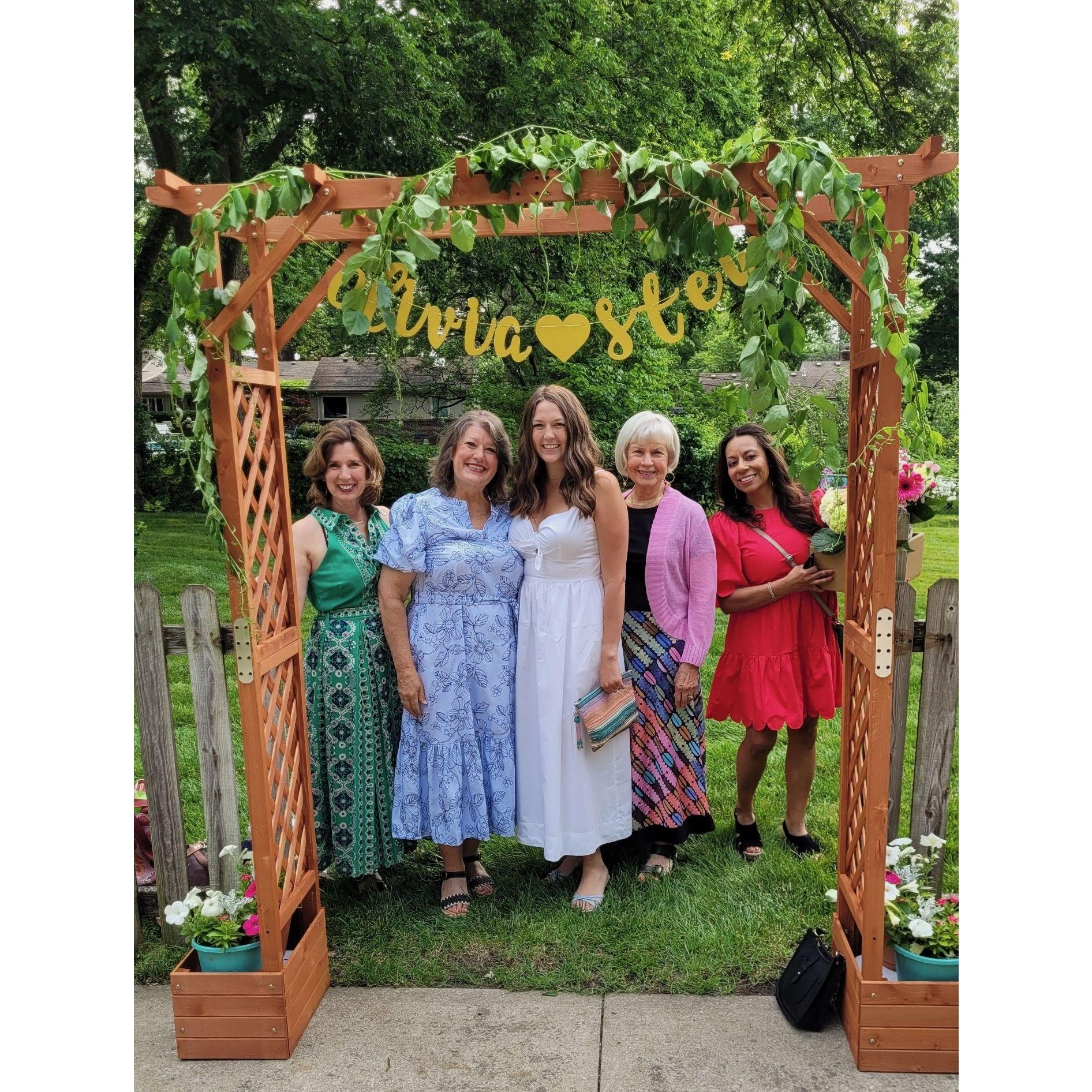 Olivia (center) at her May 31 wedding shower with her aunt Kara, mom Kammy, grandmother Elaine, and aunt Katherine.