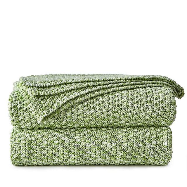 Longhui bedding Green Knitted Throw Blanket for Couch - Soft, Cozy Machine Washable 100% Cotton Sofa Knit Blankets, Heavy 4.0lb Weight, 60 x 80 Inches,Green and White Color.
