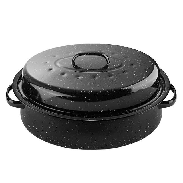 DIMESHY 18Inch Roasting Pan, Enamel on Steel, Black Covered Oval Roaster Pan with Lid, Large Cookware for Turkey, Small Chicken, Roast Baking Pan.