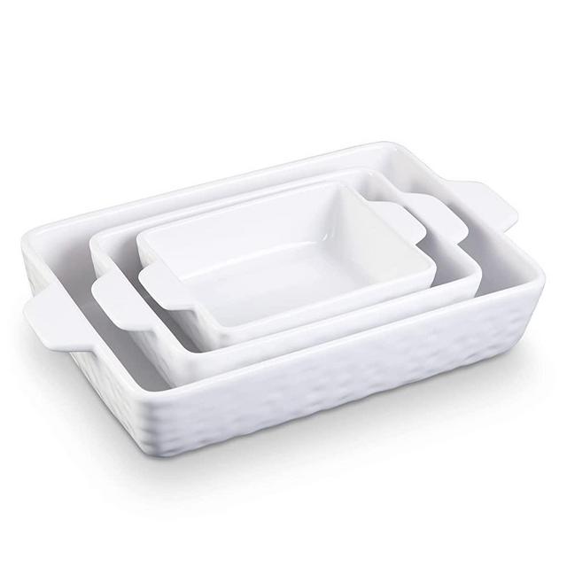 Cibeat Ceramic Bakeware Set of 3 Piece, Rectangular Baking Pan Set, Porcelain Baking Pans Rectangular Casserole Pan for Cake, Lasagna, 11.7 x 8 x 2.7 Inches, White.