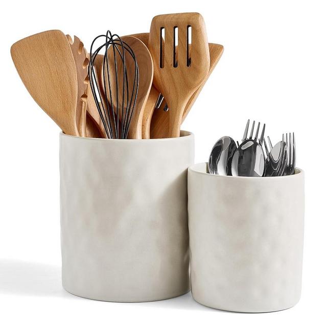 famiware Ocean Utensil Holder, 7.2"+5.8" Ceramic Kitchen Utensil Holder for Countertop, Cooking Utensil Crocks, Utensil Organizer for Spatula & Spoon, Kitchen Decor, Set of 2, Matte White