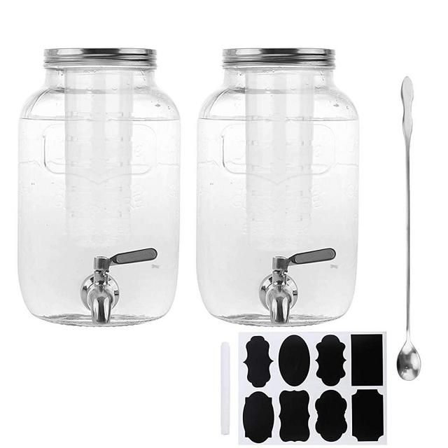 1 Gallon / 4000ml Clear Mason Jar With Lids, Airtight Glass Jars With Stainless Water Faucet and Ice Cylinder Perfect for Beer, Sun Tea, Coffee, Coke and Cold Drinks, 2 pack