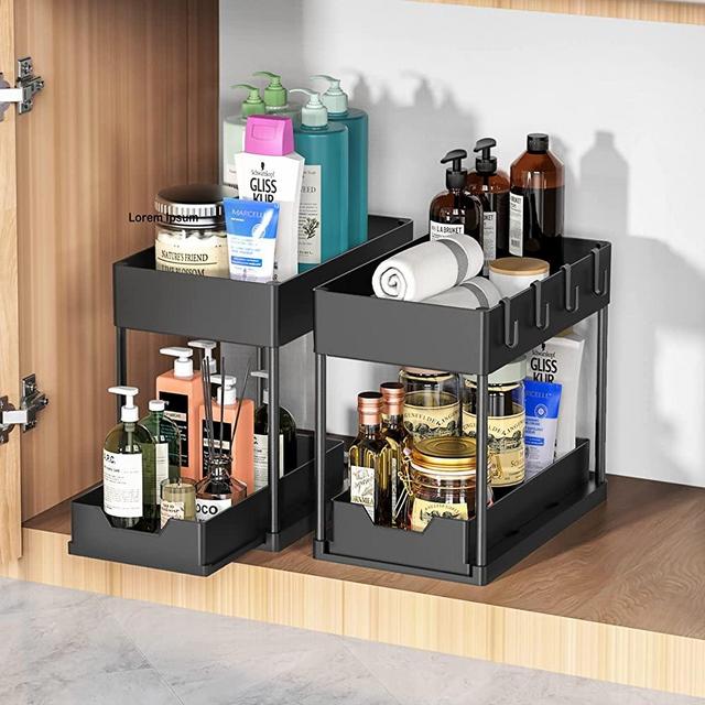 Under Sink Organizers and Storage, 2 Pack Kitchen Bathroom Sink Organizer with Hooks, 2 Tier Under Sink Cabinet Basket Storage Shelf with Sliding Drawers, Black