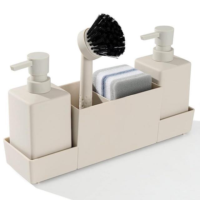 Kitchen Soap Dispenser with Sponge Holder Set for Sink Caddy, Hand Soap and Dish Soap Dispenser with Brush Matte Beige