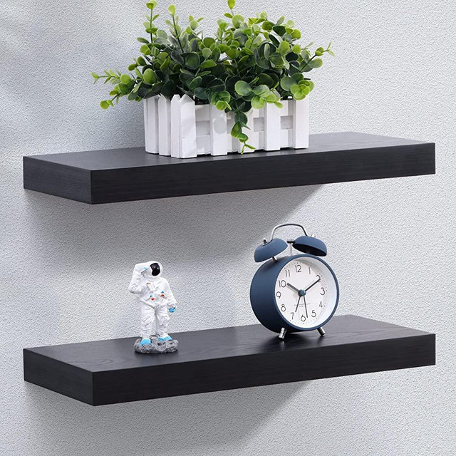 Floating Shelves - Rustic Black Wall Shelf Set of 2 - 16"L x 6.7"D Wall Mounted Shelves for Wall Decor & Storage - Wooden Shelves with Invisible Brackets for Living Room, Bedroom, Kitchen, Farmhouse