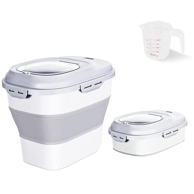 Cereal Rice Food Storage Containers, Collapsible 20 to 50 Lbs Dispenser Bin with Rolling Wheel Airtight Locking Lid, Dog Pet Cat Flour Sugar Plastic Leakproof Sealable Large Kitchen Pantry Holder