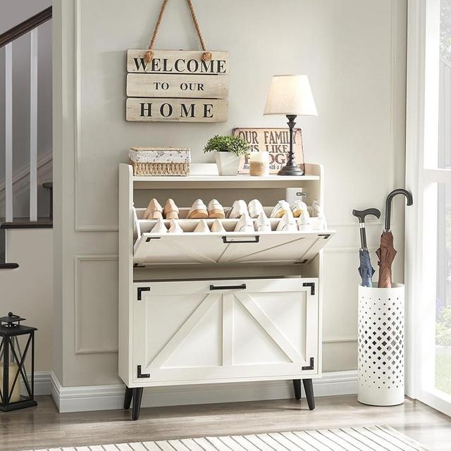 Barnyatoh Shoe Storage Cabinet with 2 Flip Drawers, Farmhouse Hidden Shoe Organizer, Narrow Slim Shoe Rack Cabinet for Entryway Hallway,White