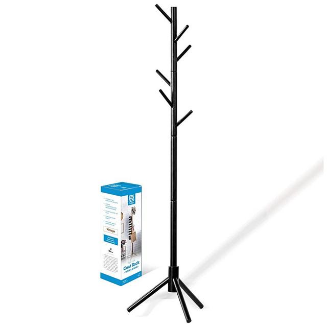 ZOBER Premium Wooden Coat Rack Free Standing, with 6 Hooks Lacquered Pine Wood Tree Coat Rack Stand for Coats, Hats, Scarves, Clothes, and Handbags - (Black)