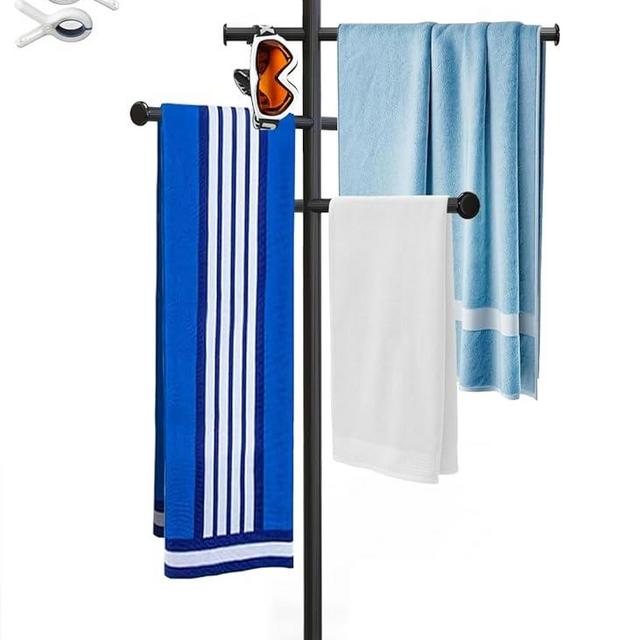 SkylarkJoy 63 Inch Pool Towel Rack with Wheels for Indoor Outdoor Use, Towel Holder with Storage Tray, 6 Adjustable Bars Hot Tub Accessories, Free Standing Towel Rack for Pool, Spa, Hot Tub