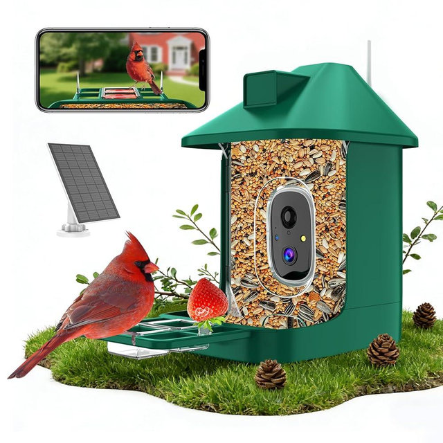 Bird Feeder with Camera,2K Live View,WiFi Smart Bird House with Cam Solar Powered for Outdoor,Night Vision,AI Identify,Auto Record Video,Real-Time App Alerts,Birdwatching Gifts for Family,Birds Lover