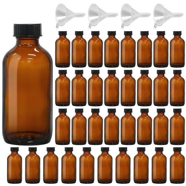35 Pack 4oz Amber Glass Boston Round Bottles with Polycone Leak-Proof Phenolic Caps – Brown Airtight Refillable Containers for Homemade Vanilla Extract, Essential Oils, Herbal Medicine, and Syrups