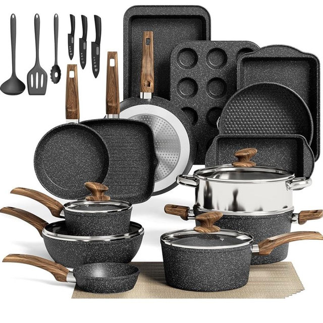 MAISON ARTS 30 Piece Pots and Pans Set Non Stick, Kitchen Cookware & Bakeware Sets with Nonstick Granite Coating, Baking Tray, Frying Pan and Saucepan, Black