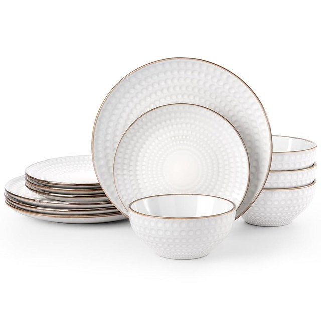 Famiware Plates and Bowls Sets, 12 Pieces Stoneware Dinnerware Sets, Dishes Set for 4, Microwave and Dishwasher Safe, White Circle