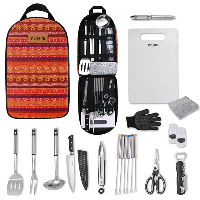 CONJGI Portable Camping Cooking Utensils Set - 19 PCS Outdoor Cookware Camping Set with Carrying Bag,Camping Accessories Cooking for Barbecues, Backyards, RV Trips and Open Dinner