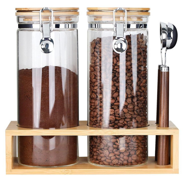 KKC HOME ACCENTS Airtight Glass Coffee and Sugar Storage Canisters with Sealed Clamp Lids and Scoops, Air tight Glass Coffee bean Containers for Ground Coffee,Loose Leaf Tea,Brown Sugar,50 FL OZ