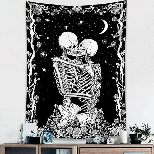 Skull Tapestry Wall Hanging, Black and White Tapestry Skulls Kissing Lovers Goth SkeletonTarot Card Ouija Dark Wall Decor (44''×60'')
