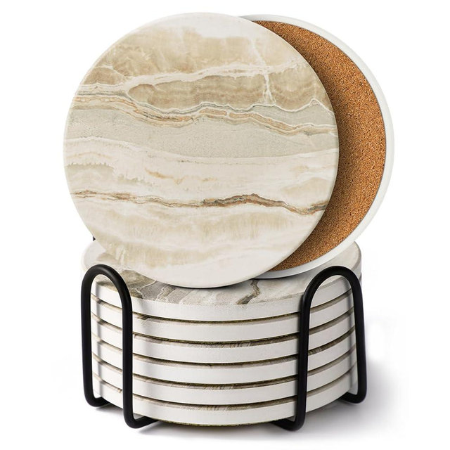 LlFVER Coasters Set of 8, Absorbent Drink Coasters with Holder, Marble Style Ceramic Stone Coasters for Drinks Coffee Tabletop Protection, Modern Furniture Coasters for Home Decor House Warming Gifts