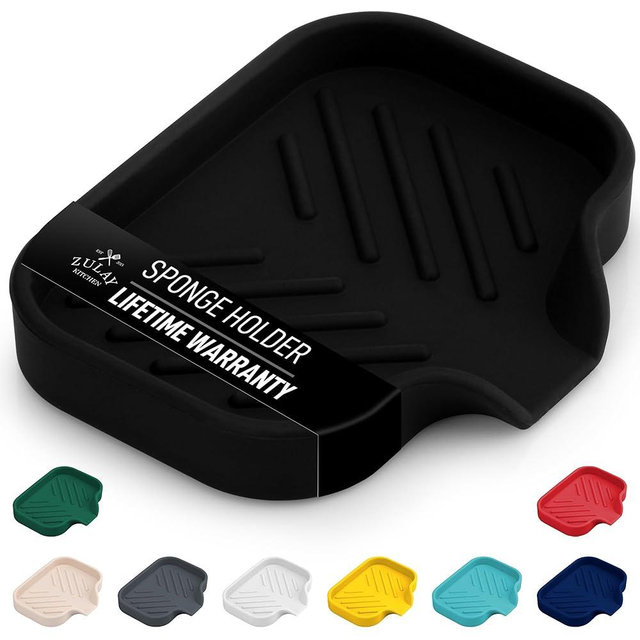 Zulay Kitchen Small Silicone Sponge Holder (4.9x3.3”) – Space-Saving Sink Organizer Tray for Sponge, Soap, Brush & More – Compact Non-Slip Dish for Kitchen & Bathroom (Black)