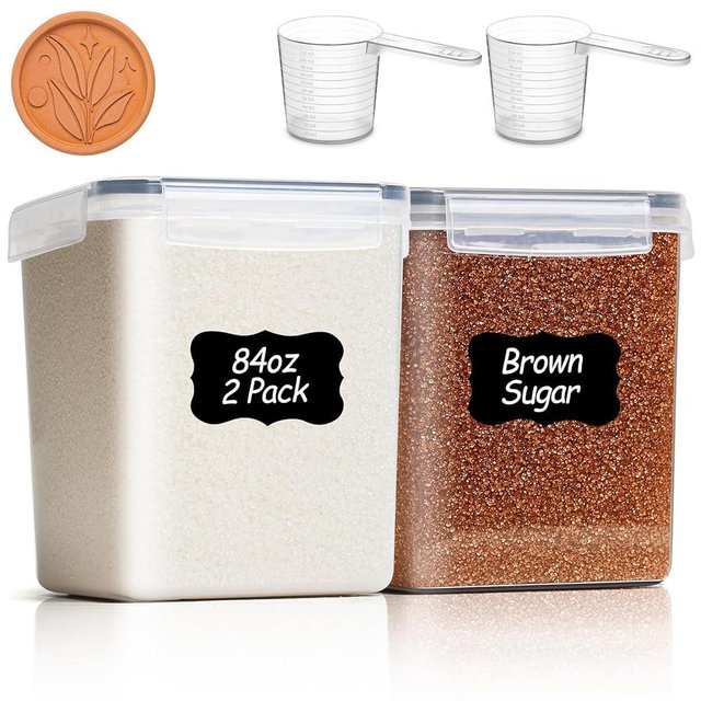 ComSaf Brown Sugar Container Set of 2 (2.5L/84Oz), Airtight Food Storage Containers with Lids and Terra Cotta Brown Sugar Saver, Plastic Canisters Sets for Kitchen, Pantry Organizers for Flour, Baking