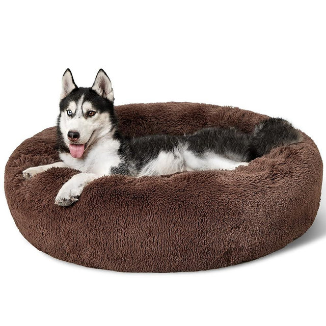 Bedsure Calming Dog Bed for Large Dogs - Donut Washable Large Pet Bed, 36 inches Anti-Slip Round Fluffy Plush Faux Fur Dog Bed, Fits up to 100 lbs Pets, Coffee