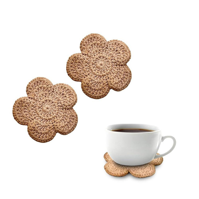 Tea-dyed cotton and linen coasters Handmade flower coasters for tea cups and pots, （3.15 Inch, 8mm Thick）heat-insulated and water-absorbent pads for cups and pots 2-pack（ Coffee color）