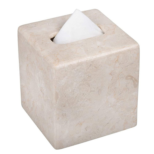 Creative Home Natural Champagne Marble Square Tissue Box Cover Facial Tissue Paper Holder Bathroom Vanity Countertop Organizer for Bedroom Dresser Night Stand End Table, 5.2" x 5.2" x 5.5" H, Beige