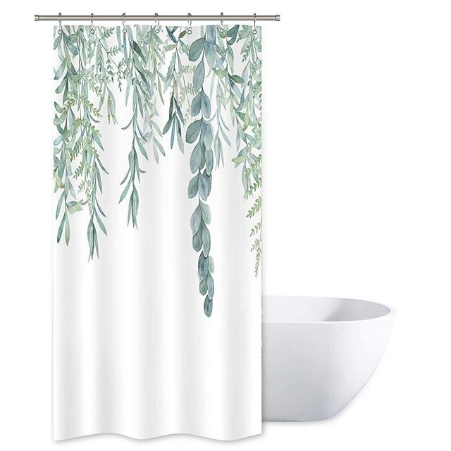 Riyidecor Green Leaves Shower Curtain 36Wx72H Inch Watercolor Spring Botanical Plant Branch Bouquet Fabric Waterproof Home Bathtub Decor 7 Pack Plastic Hook