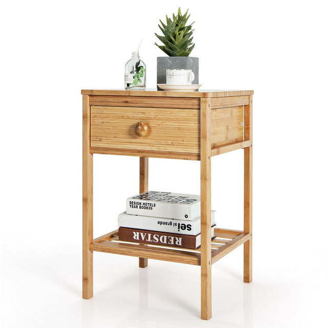 Costway Bamboo Nightstand Natural Side End Table w/Drawer for Living Room Bedroom