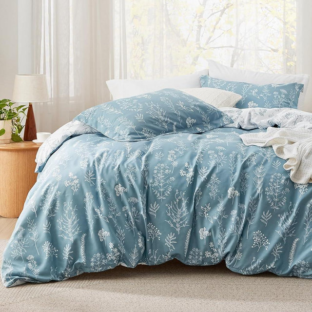 Bedsure Full Comforter Set - Mineral Blue Comforter, Cute Floral Bedding Comforter Sets, 3 Pieces, 1 Soft Reversible Botanical Flowers Comforter and 2 Pillow Shams