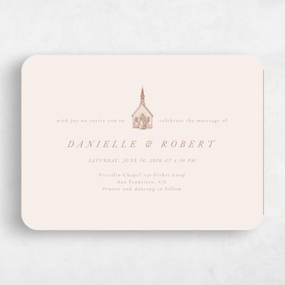 Beige Rounded Wedding Invitation - Rustic Church Landscape