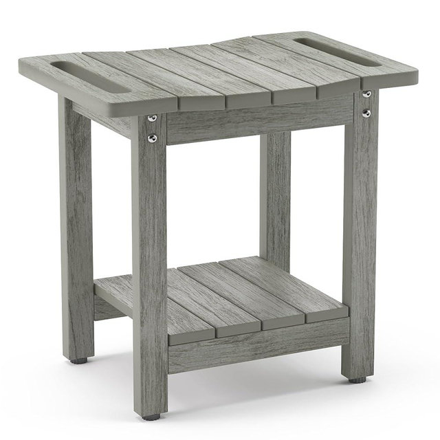 LUE BONA HDPS Shower Benches for Inside Shower, Gray Shower Stool for Shaving Legs with Shelf, Waterproof Shower Chair Seat for Spa Bathroom, Weather Resistant/Non-Slip/Handles/Indoor or Outdoor Use