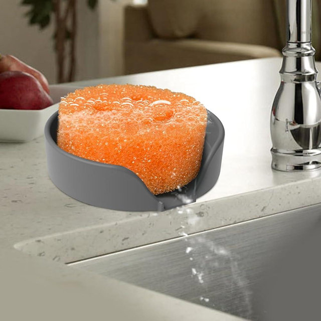 OKeanu Sponge Holder for Scrub Daddy with Suction Cups and Drain Spout Kitchen Sink Caddy Organizer, Soap Dishes Holder Accessories Rack, Dishwasher Safe - 4.7"x4.7", Dark Gray