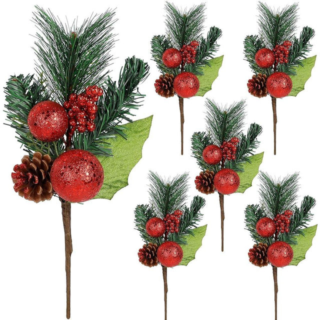 DR.DUDU Christmas Tree Ornaments 6 Pcs 12'' Picks and Sprays with Brown Pine Cone Green Poinsettia Leaf, Artificial Berry Branches Stems Decorations DIY Crafts for Vase Filler Wreath Decor (Red)