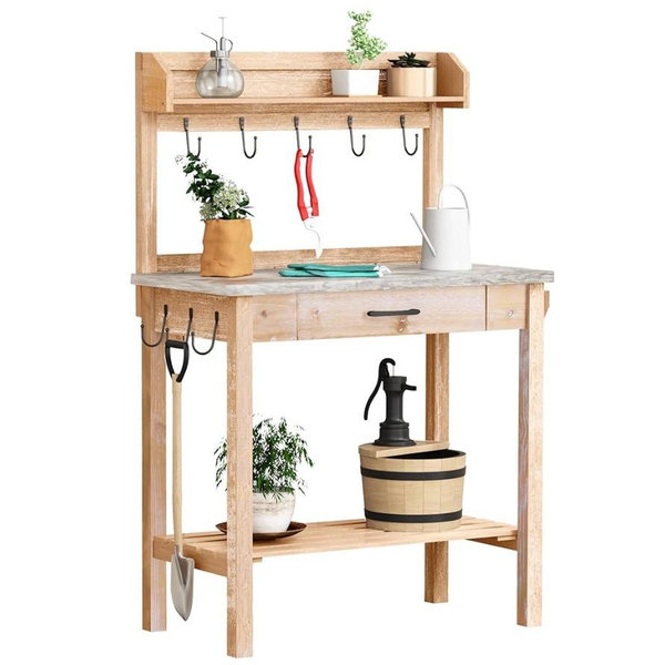 Outdoor Potting Bench Table with Metal Tabletop, Planting Table Potting Work Station with Storage Drawer and Removable Shelf Rack, Garden Potting Table for Outdoors