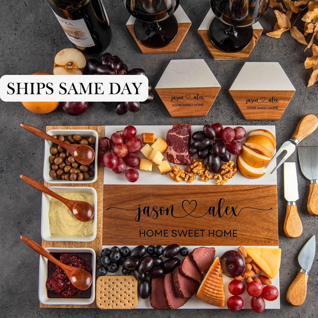 Personalized Serving Board for Couple, Marble Wood Cheese Board, Engraved Wedding Gift, Family Gift, Custom Charcuterie Board, New House