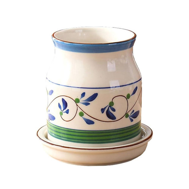 WAIT FLY Flower Pattern Porcelain Kitchen Utensil Holder with Bottom Flatware Storage Organizer Utensil Crock for Countertop Kitchen Counter Decor-Green