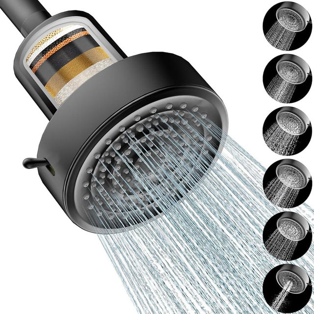 Filtered Shower head for Healthier Hair & Skin – Removes Chlorine & Heavy Metals,High Pressure 6 Mode Settings Shower Head Filter for Hard Water (Matte Balck)