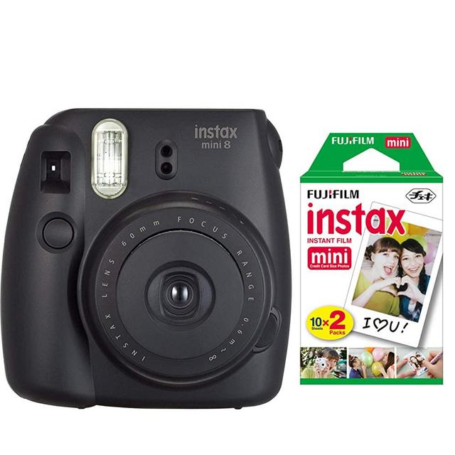 Fujifilm instax Mini Instant Camera (Dark Black) with Film Twin Pack Bundle (2 Items)