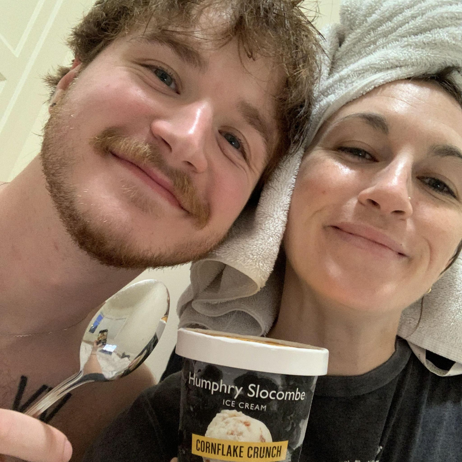 Enjoying a pint of ice cream camping out in our San Francisco apartment the first week we moved in (2023).