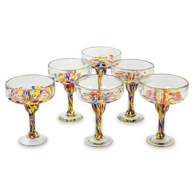 Novica Hand Blown Multicolor Eco-Friendly Glass Margarita Glasses, 13 Oz. 'Confetti Festival' (Set Of 6)
