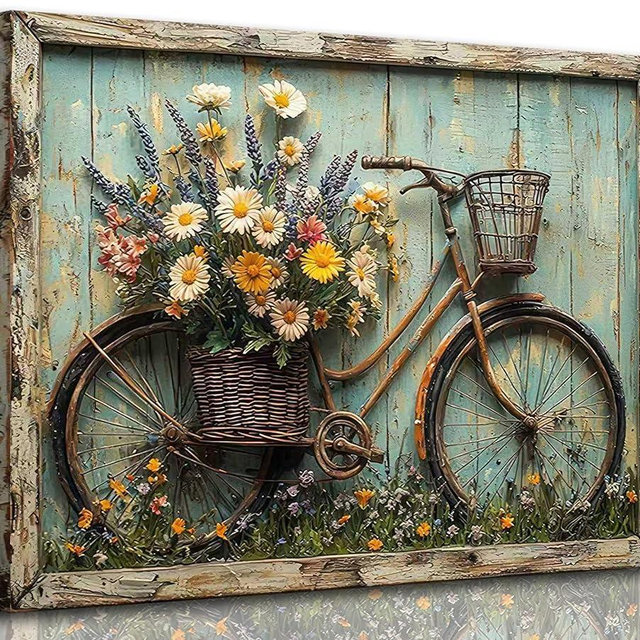 Rustic Farmhouse Daisy Floral Canvas Wall art Vintage Bicycle Flowers Painting Picture Wall Decor Flower Still Life Poster Print Artwork for Bathroom Living Room Bedroom Home Decoration