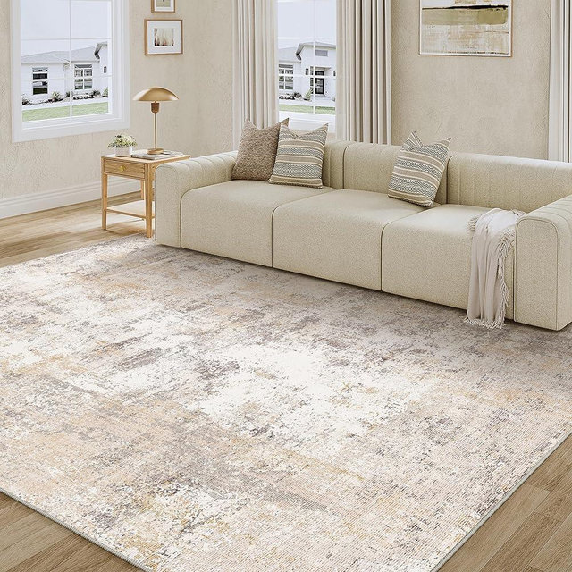 WondRg 6x9 Washable Area Rug Beige Grey Abstract Non Slip Soft Low Pile Rug for Living Room Bedroom Dining Room Office Neutral Modern Indoor Throw Carpet for Home Decor