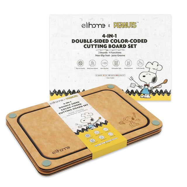 Elihome X Peanuts Kitchen Cutting Board Set, Non Slip Feet, Double Sided Color Coded with Food Icon, Natural Wood Fiber, Dishwasher Safe, Eco-Friendly, Juice Grooves,Non Porous, BPA Free, 2 Pack