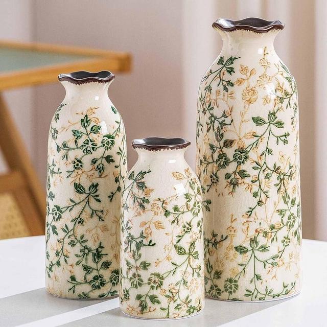 Ceramic Vase Set of 3, Vintage Green and Beige Vase Set, Flower Vase Chinoiserie Vase Rustic Vase Floral Grand Millennial Vase Farmhouse Decor Vase for Home Decor, Living Room, Kitchen, Bedroom, Shelf