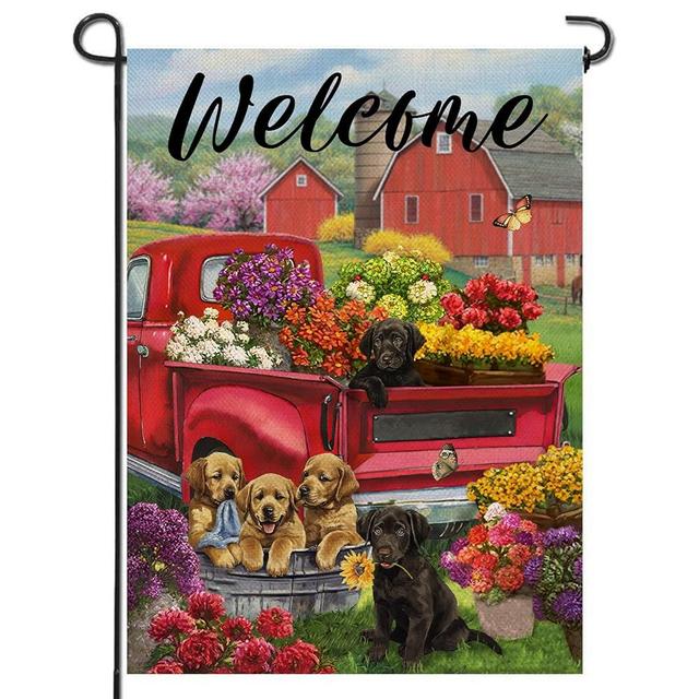 Artofy Welcome Spring Summer Red Truck Home Decorative Garden Flag, House Yard Dog Flower Pickup Outside Decor, Puppy Farmhouse Outdoor Small Burlap Decorations 12x18
