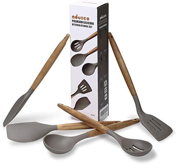 Miusco 5 Piece Silicone Cooking Utensil Set with Natural Acacia Hard Wood Handle