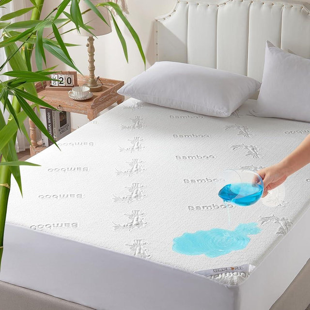 Waterproof Queen Size Mattress Protector, Cooling Bamboo Mattress Pad Fitted 8"-21" Deep Pocket, 3D Air Fabric Bed Mattress Cover Noiseless Washable for Bedroom, Hotel