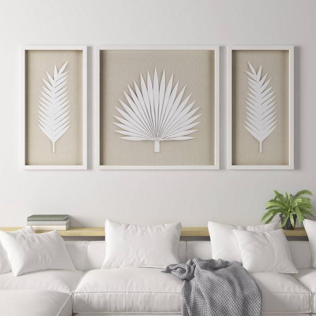 3pc Sabal Palm Rice Paper Framed Shadow Box Set Off White - Madison Park