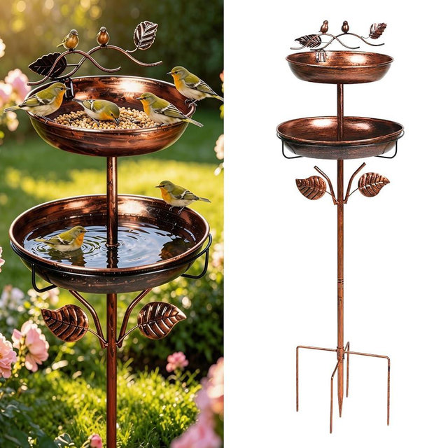 Breeze Touch 2-in-1 Metal Bird Bath for Outdoor, Vintage Garden Bird Bath with Detachable Birdbaths & Birdfeeder Bowl, Free Standing Bird Feeder with 5 Prongs Base Stake for Yard Lawn Decor(Bronze)